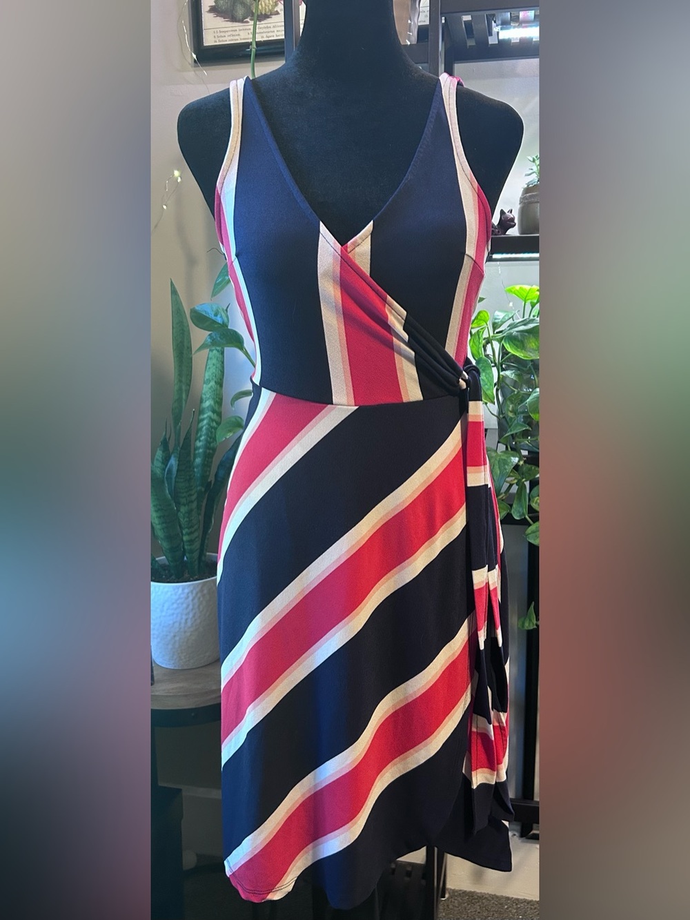 Express Sleeveless Navy, White, Red & Pink Striped Wrap Dress